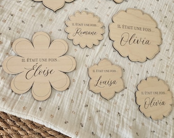 Wooden birth card welcome baby flower - once upon a time - birth maternity presentation wood engraving
