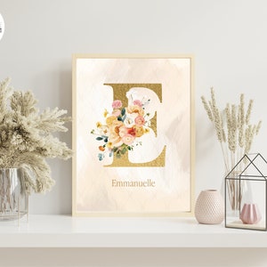 Poster iniziale personalizzato lettera dorata fiori rosa natura stampato per decorazione murale - formato PDF o stampato A4 o A3