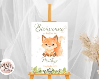 Affiche de baptême bienvenue personnalisée renard garçon fleurs vertes imprimée pour décoration murale - format PDF ou imprimé A4 ou A3