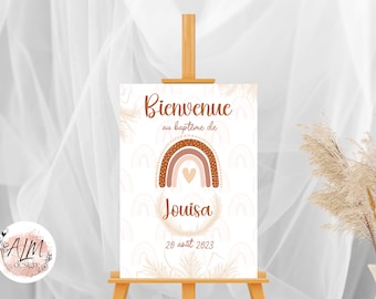 Affiche de baptême bienvenue arc-en-ciel terracotta personnalisée imprimée pour décoration murale - format PDF ou imprimé A4 ou A3