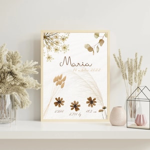 Poster di nascita personalizzato stampato con fiori secchi beige naturali per decorazione murale - formato PDF o stampa A4 o A3