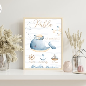 Poster di nascita personalizzato stampato beige balena oceano mare bambino per decorazione murale - formato PDF o stampa A4 o A3