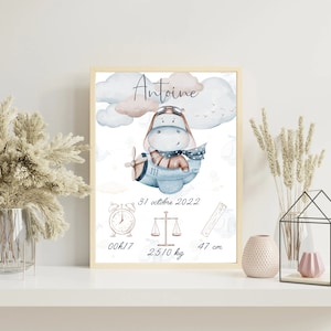 Póster de nacimiento personalizado impreso con avión, aviador, hipopótamo y nubes para decoración de pared - Formato PDF o impresión A4 o A3