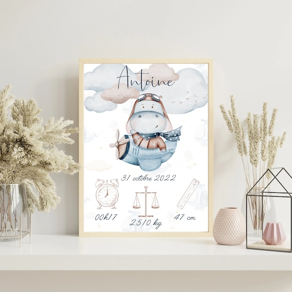 Affiche de naissance personnalisée imprimée avion aviateur hippopotame nuages pour décoration murale - format PDF ou imprimé A4 ou A3