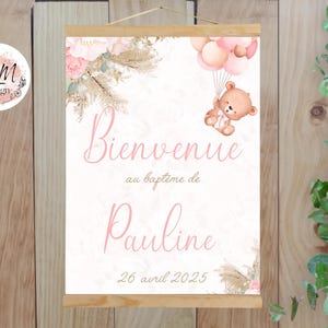 Poster personalizzato stampato per battesimo orsetto rosa con fiori e palloncini per decorazione murale - formato PDF o stampa A4 o A3