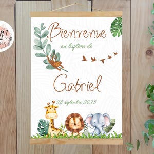 Poster di benvenuto personalizzato per battesimo con animali della foresta della giungla e della savana, stampato per la decorazione murale - formato PDF o stampa A4 o A3