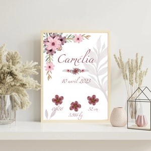 Poster di nascita personalizzato con fiori viola per bambina, stampato per decorazione murale - formato PDF o stampa A4 o A3