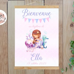 Póster personalizado de bienvenida de bautizo con diseño de sirena, océano, mar, pastel, impreso para decoración de pared (formato PDF, A4 o A3)