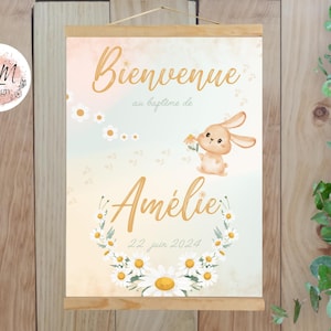 Poster di benvenuto personalizzato per battesimo con coniglietto e margherita, stampato per decorazione murale - formato PDF o stampa A4 o A3