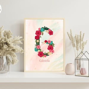 Poster iniziale personalizzato lettera floreale ragazza natura multicolore stampato per la decorazione murale - PDF o formato stampato A4 o A3