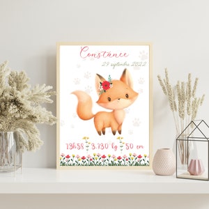 Poster di nascita personalizzato stampato volpe bambina fiori animali natura per decorazione murale - formato PDF o stampato A4 o A3