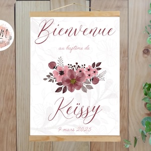 Affiche de baptême bienvenue personnalisée fleurs violettes roses nature imprimée pour décoration murale - format PDF ou imprimé A4 ou A3
