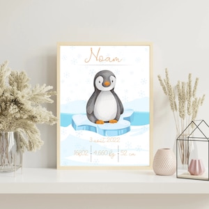 Póster de nacimiento personalizado impreso de pingüino en el Polo Norte para decoración de pared (formato PDF o impresión A4 o A3)