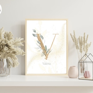 Poster iniziale personalizzato con lettere dorate e foglie di natura minimalista stampato per la decorazione murale - PDF o formato A4 o A3 stampato