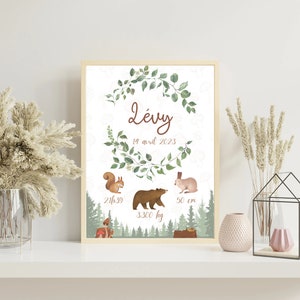 Póster de nacimiento personalizado con animales del bosque, oso, conejo y ardilla, impreso para decoración de pared (formato PDF o impresión A4 o A3)