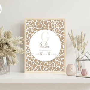 Poster nascita giraffa con animali marroni su sfondo personalizzato stampato per decorazione murale - Formato PDF o stampa A4 o A3
