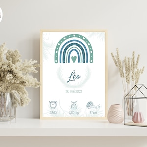 Poster di nascita personalizzato stampato arcobaleno blu verde bambino per decorazione murale - formato PDF o stampa A4 o A3