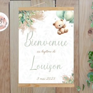 Póster de bienvenida de bautizo personalizado con globo de oso de hojas verde claro impreso para decoración de pared - Formato PDF o impresión A4 o A3