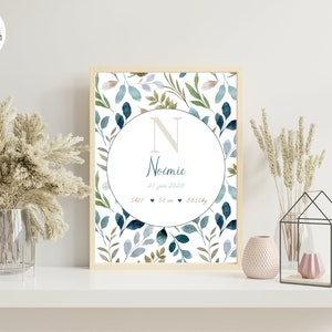 Póster de nacimiento con fondo de flores azules y verdes personalizado impreso para decoración de pared - Formato PDF o impresión A4 o A3