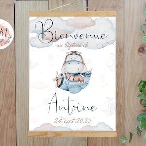 Póster personalizado de bienvenida para bautizo, diseño de hipopótamo, avión, niño, azul, impreso para decoración de pared (formato PDF o impresión A4 o A3)