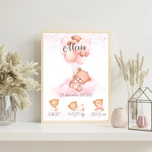 Affiche de naissance personnalisée imprimée nounours rose ballons fille pour décoration murale - format PDF ou imprimé A4 ou A3