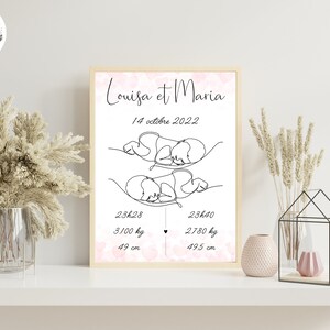 Poster personalizzato per la nascita di gemelli sdraiati, stampato per la decorazione murale - formato PDF o stampa A4 o A3