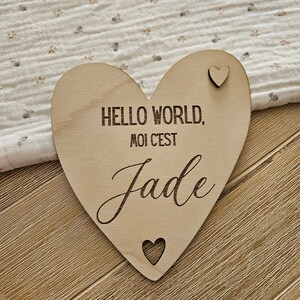Carte de naissance coeur hello world personnalisable en bois naissance