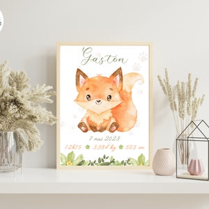Poster di nascita personalizzato stampato volpe verde fiori natura animali per decorazione murale - formato PDF o stampato A4 o A3