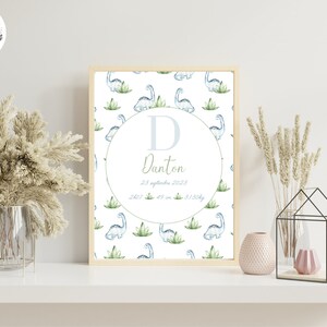Poster nascita dinosauro diplodocus verde blu retro personalizzato stampato per decorazione murale - formato PDF o stampa A4 o A3