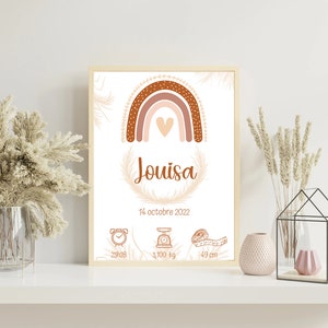 Personalized terracotta rainbow birth poster printed for wall decoration - PDF or printed A4 or A3 format