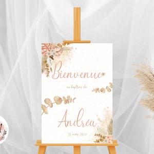 Personalized welcome baptism poster dried flowers beige mixed nature printed for wall decoration - PDF or printed A4 or A3 format