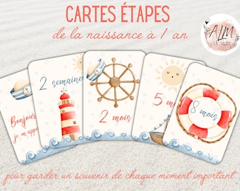 Cartes étapes bébé océan mer baleine bateau personnalisable - première année - de la naissance à 1 an - souvenirs photos