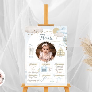 Poster di compleanno personalizzato stampato mongolfiera nuvole cielo blu per decorazione murale - PDF o formato A4 o A3 stampato