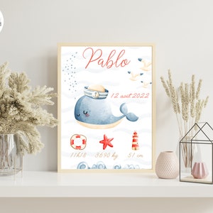 Póster de nacimiento personalizado impreso con ballena roja, mar, océano, niño para decoración de pared - Formato PDF o impresión A4 o A3