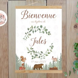 Póster personalizado de bienvenida de bautizo con animales del bosque, árboles y naturaleza, impreso para decoración de pared - Formato PDF o impresión A4 o A3