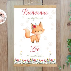 Poster di benvenuto personalizzato per battesimo volpe fiori natura ragazza stampato per decorazione murale - formato PDF o stampa A4 o A3