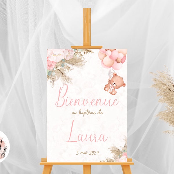 Affiche de baptême ourson rose ballons fleurs bienvenue personnalisée imprimée pour décoration murale - format PDF ou imprimé A4 ou A3