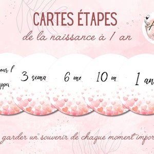 Biglietti rotondi per bambini con cuori personalizzabili - primo anno - dalla nascita a 1 anno - ricordi fotografici