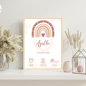 Poster di nascita personalizzato stampato con arcobaleno, rosa e giallo, per la decorazione murale - Formato PDF o stampa A4 o A3