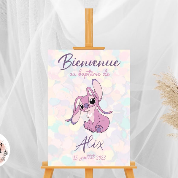 Affiche de baptême bienvenue personnalisée Angel Stitch dessin animé imprimée pour décoration murale - format PDF ou imprimé A4 ou A3