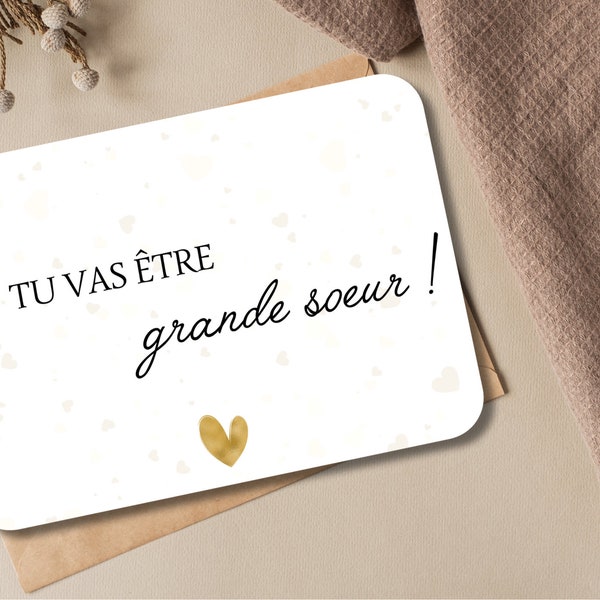 Carte annonce grossesse minimaliste grande soeur grand frère coeur doré - surprise - baby shower - la famille s'agrandit