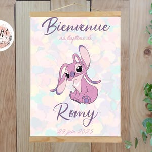 Affiche de baptême bienvenue personnalisée Angel Stitch dessin animé imprimée pour décoration murale - format PDF ou imprimé A4 ou A3