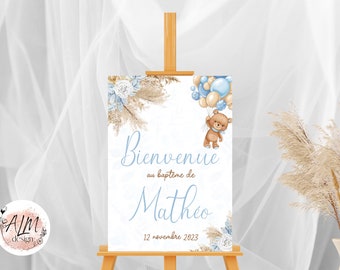 Affiche de baptême bienvenue personnalisée ourson nounours bleu fleurs imprimée pour décoration murale - format PDF ou imprimé A4 ou A3