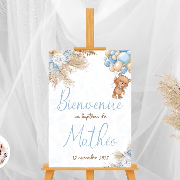 Affiche de baptême bienvenue personnalisée ourson nounours bleu fleurs imprimée pour décoration murale - format PDF ou imprimé A4 ou A3