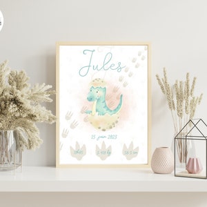Poster di nascita personalizzato stampato con dinosauro e animali da compagnia per la decorazione murale - formato PDF o stampato in formato A4 o A3
