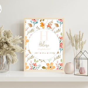 Poster di nascita con fiori arancioni e marroni su sfondo personalizzato stampato per decorazione murale - Formato PDF o stampa A4 o A3
