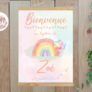 Poster di benvenuto personalizzato per il battesimo con palloncini rosa arcobaleno pastello stampati per la decorazione della parete - Formato PDF o stampa A4 o A3