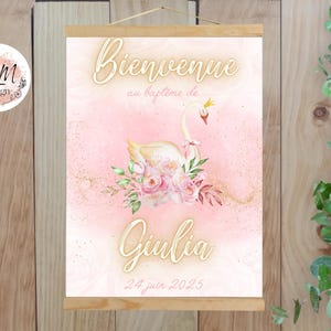 Poster personalizzato stampato con principessa rosa e cigno dorato per il battesimo, per la decorazione murale - formato PDF o stampa A4 o A3
