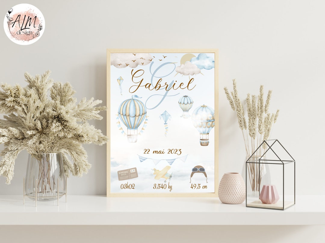 Personalized Printed Birth Poster Hot Air Balloon Blue Clouds Boy for ...