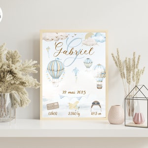 Poster di nascita personalizzato stampato mongolfiera nuvole blu bambino per decorazione murale - formato PDF o stampa A4 o A3